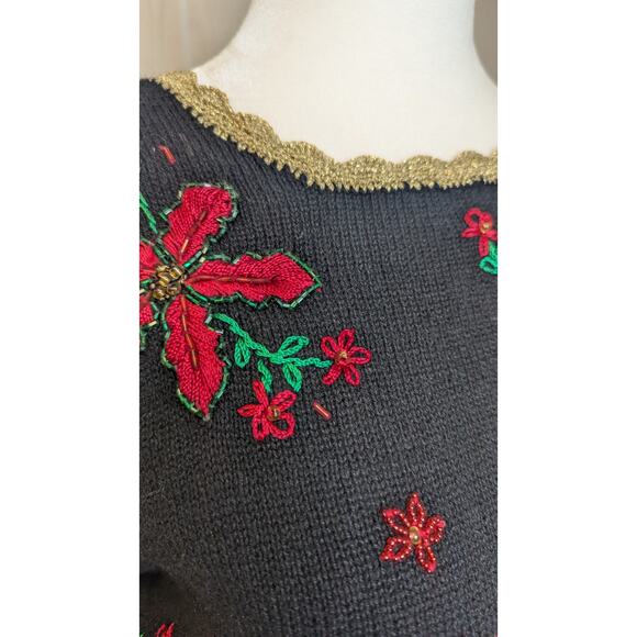 Vintage Studio Joy black beaded holiday christmas Poinsetta sweater size large - Picture 4 of 8
